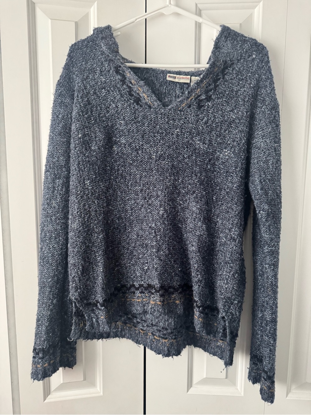 Distressed V-Neck Bouclé Sweater in Slate Blue